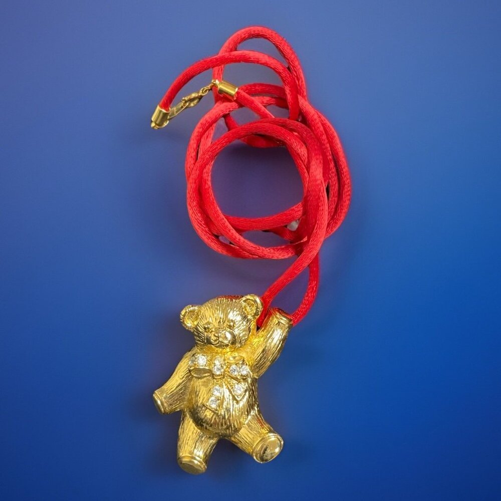 Avon Teddy Bear Brooch Pendant Necklace With Red Cord Gold-tone Rhinestones